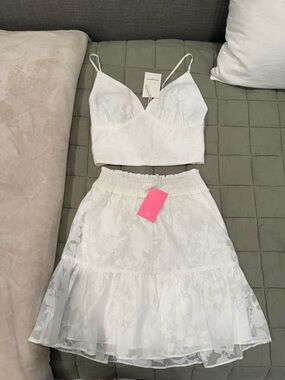 Amanda Uprichard White Floral Two-Piece Crop Top & Skirt Set